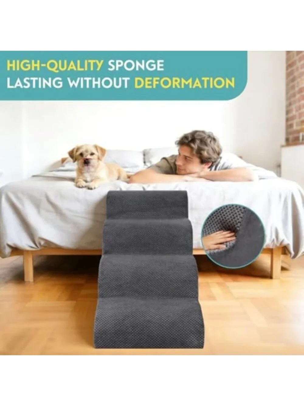 Pet Stairs for Small Dogs & Cats, 4-Step Foam Ramp, Non-Slip, Corduroy, Grey